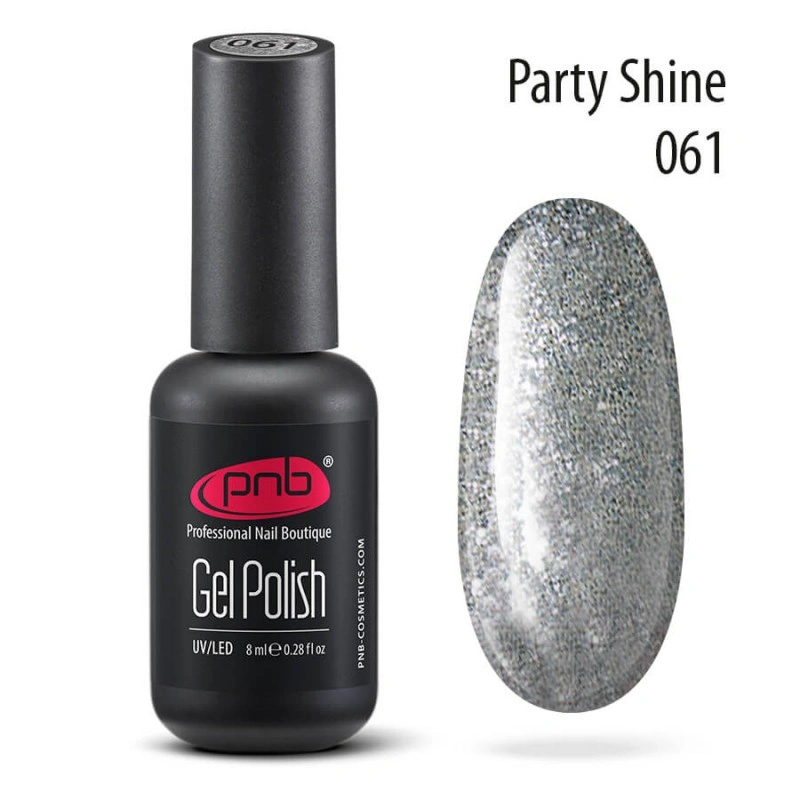 Гель-лак PNB №061 Party Shine щільні срібні блискітки 8 мл
