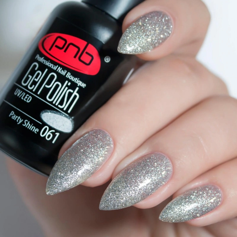 Гель-лак PNB №061 Party Shine щільні срібні блискітки 8 мл
