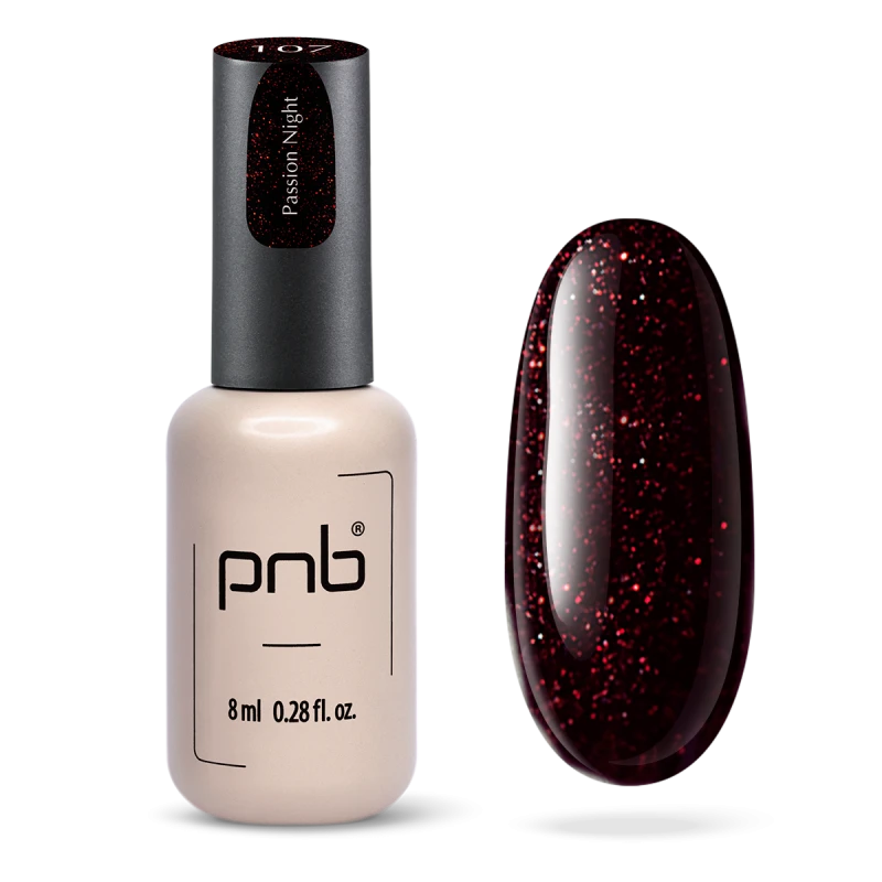 Гель-лак PNB №107 Passion Night темний гранатовий із червоними блискітками 8 мл