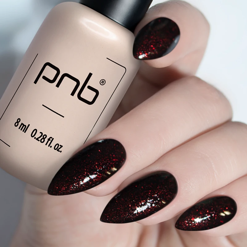 Гель-лак PNB №107 Passion Night темний гранатовий із червоними блискітками 8 мл