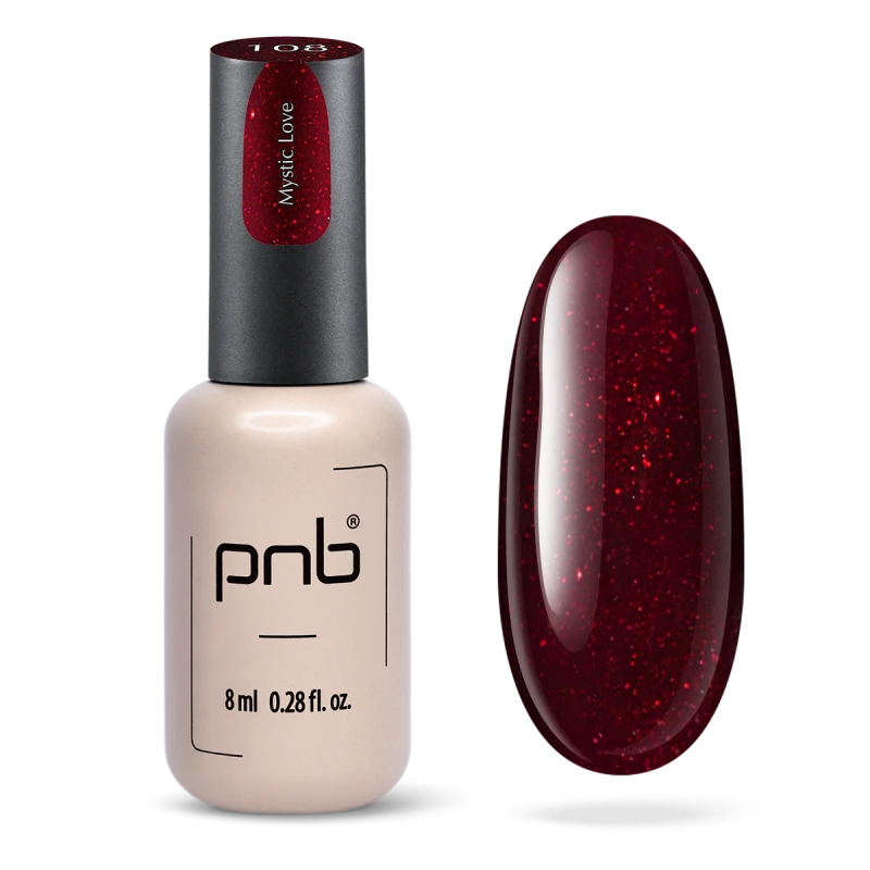 Гель-лак PNB №108 Mystic Love темний вишневий із червоними блискітками 8 мл