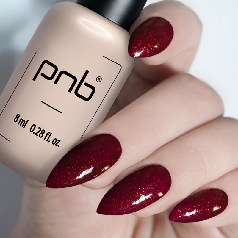 Гель-лак PNB №108 Mystic Love темний вишневий із червоними блискітками 8 мл