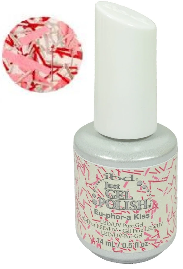 Гель-лак IBD Just Gel Polish Eu-phor-a Kiss червоні та рожеві блискітки на прозорій основі 14 мл