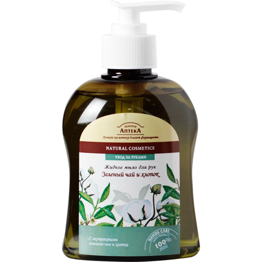Рідке мило для рук Зелений чай та Бавовна Зелена аптека Liquid Soap Green Tea and Cotton 300мл