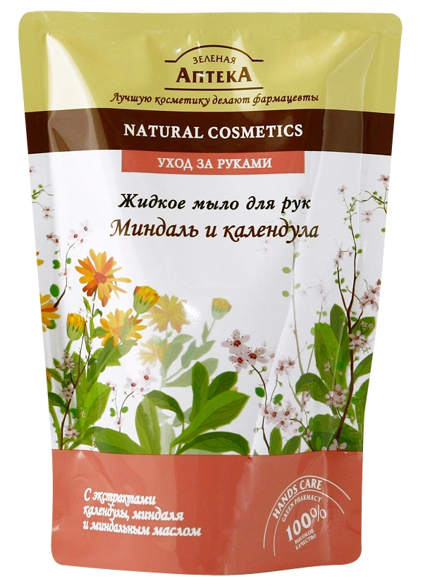 Рідке мило для рук Миндаль та Календула Зелена аптека Liquid Soap Almond and Calendula doypack дой-пак 300мл