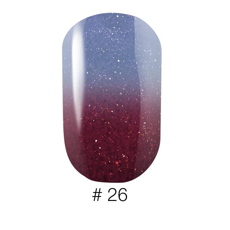 Термо гель-лак Naomi Gel Polish Thermo Collection №26 6мол бордово-фіолетовий з переходом у сіро-блакитний із шиммером та блискітками