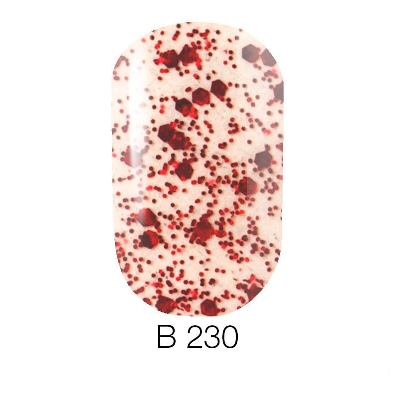 Гель-лак Naomi Brilliant Gel Polish №230 червоні блискітки різних розмірів, прозорий 6 мл