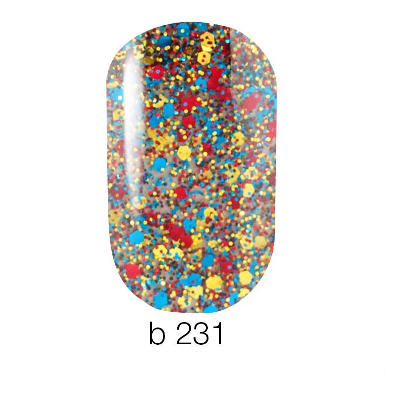 Гель-лак Naomi Brilliant Gel Polish №231 різнокольорові блискітки різних розмірів, прозорий 6 мл