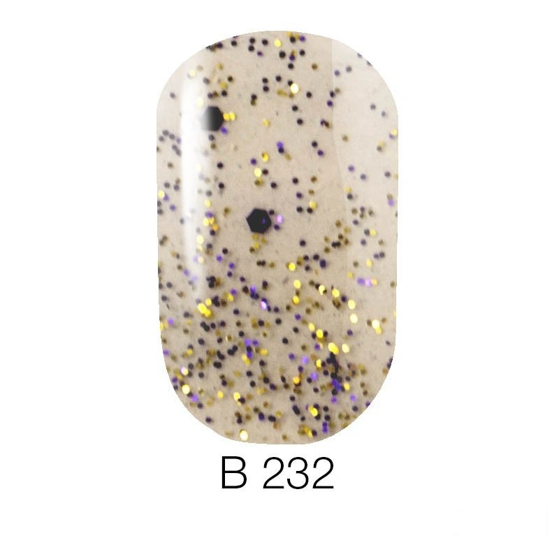 Гель-лак Naomi Brilliant Gel Polish №232 жовті та сині блискітки різних розмірів, прозорий 6 мл
