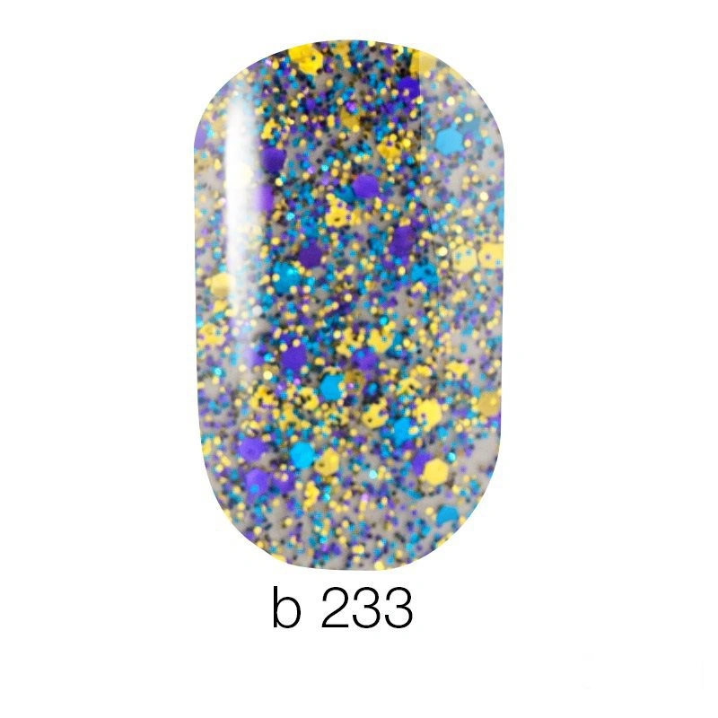 Гель-лак Naomi Brilliant Gel Polish №233 жовті та сині блискітки різних розмірів, прозорий 6 мл