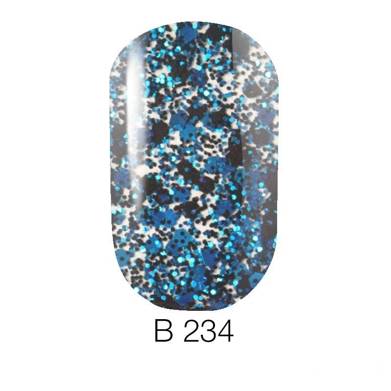 Гель-лак Naomi Brilliant Gel Polish №234 сині блискітки різних розмірів, прозорий 6 мл