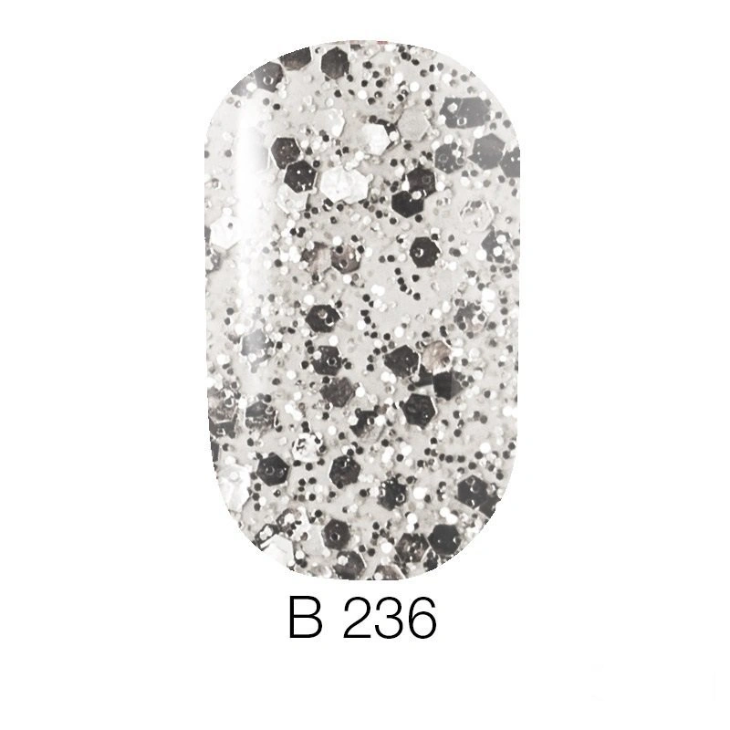 Гель-лак Naomi Brilliant Gel Polish №236 сріблясті блискітки різних розмірів, прозорий 6 мл