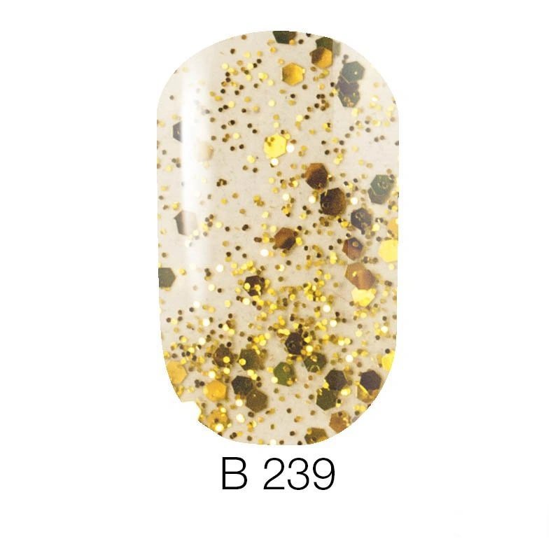 Гель-лак Naomi Brilliant Gel Polish №239 золотисті блискітки різних розмірів, прозорий 6 мл