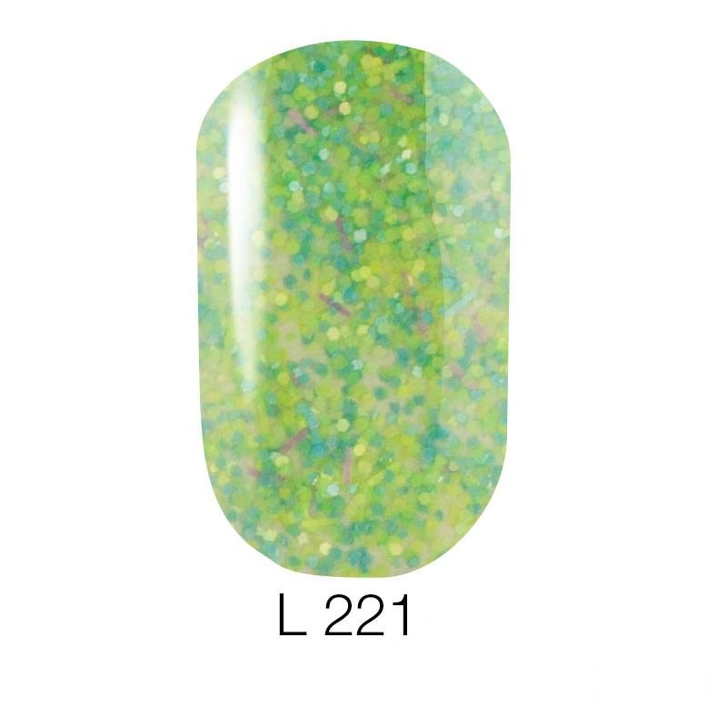 Гель-лак Naomi Lets Go Party Gel Polish №221 6мол химерне поєднання зелено-салатової луски та блідо-рожевої фольги-стружки на прозорій основі