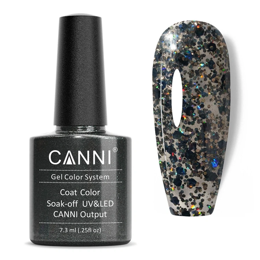 Гель-лак Canni Gel Polish №187 Flickering Night напівпрозорий сіро-чорний з голографічними блискітками 7,3 мл