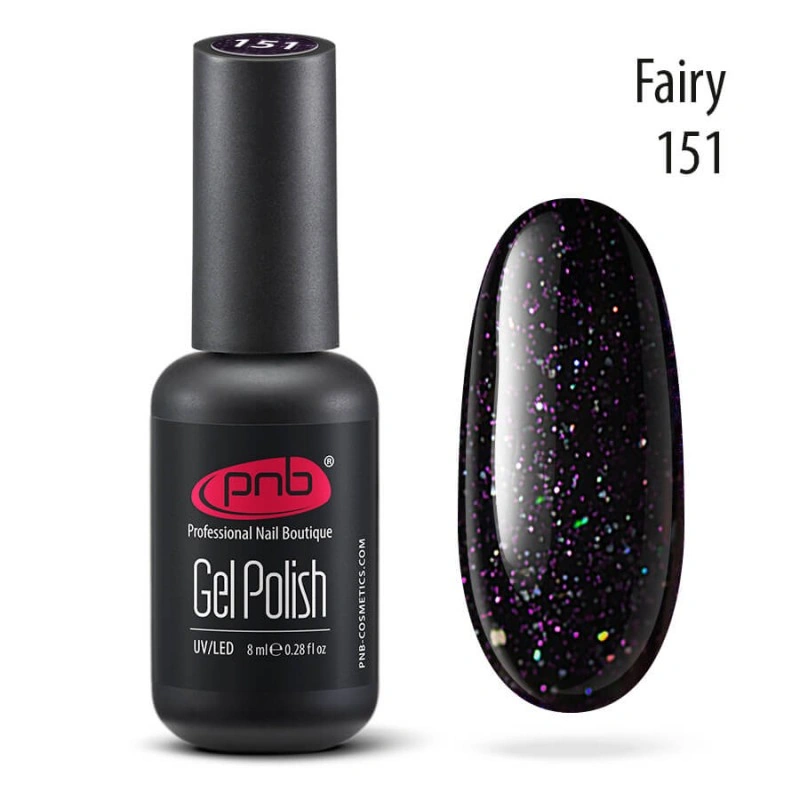 Гель-лак PNB №151 Fairy чорний з рожево-фіолетовими та голографічними блискітками 8 мл