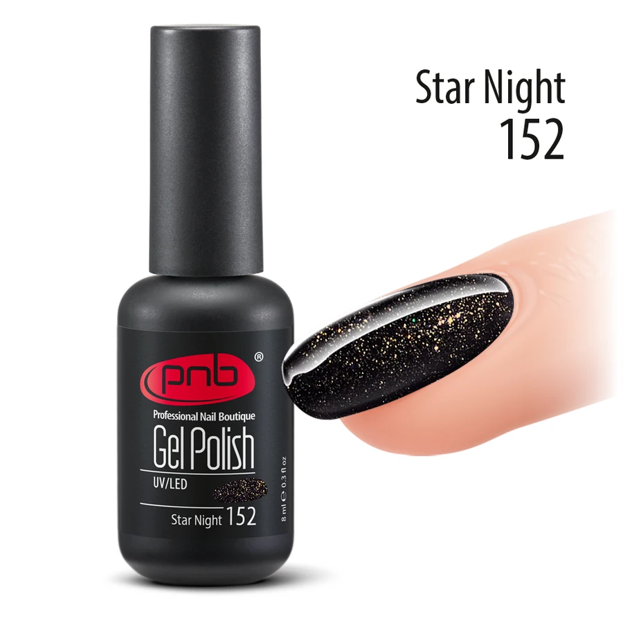 Гель-лак PNB №152 Star Night чорний із золотими блискітками 8 мл