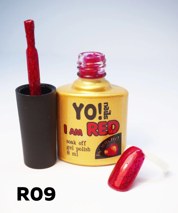 Гель-лак Yo!Nails I am Red №09 Ягідний вибух. Вишнево-малиновий колір з великим гліттером, напівпрозорий 8 мл