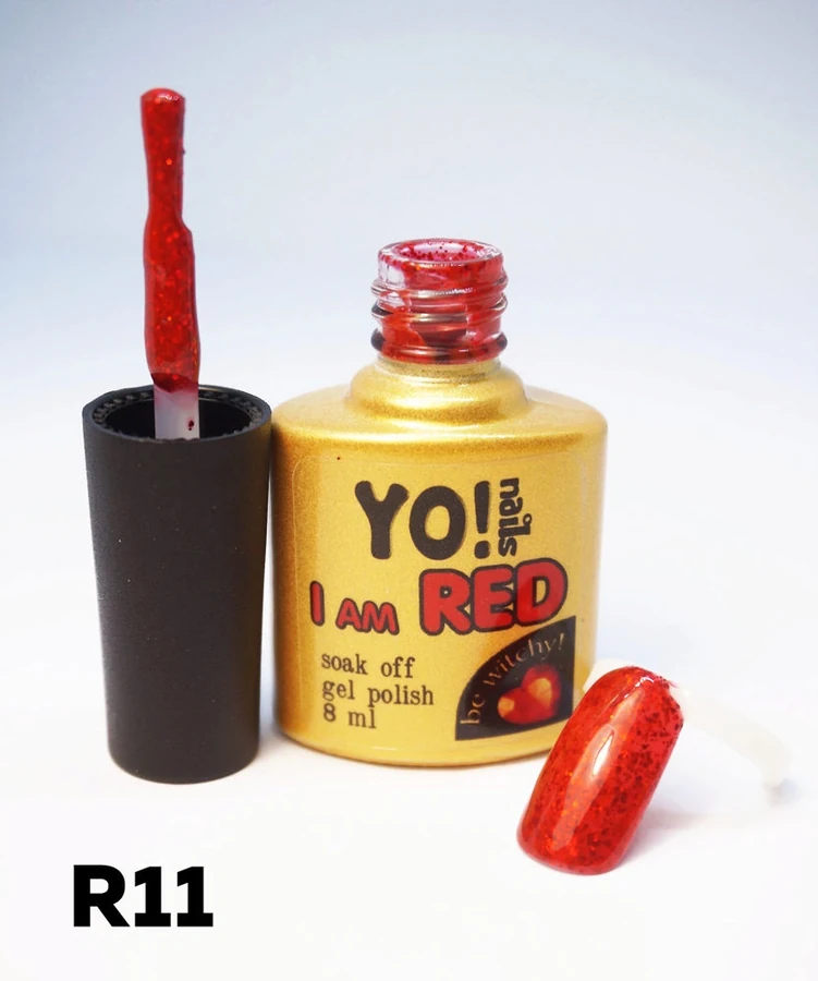 Гель-лак Yo!Nails I am Red №11 Суничне шампанське. Яскраво-червоний колір з великим гліттером, напівпрозорий 8 мл