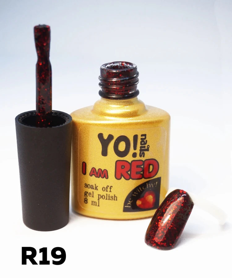 Гель-лак Yo!Nails I am Red №19 Пристрасна ніч. Чорний колір з яскраво-червоним великим гліттером, напівпрозорий 8 мл