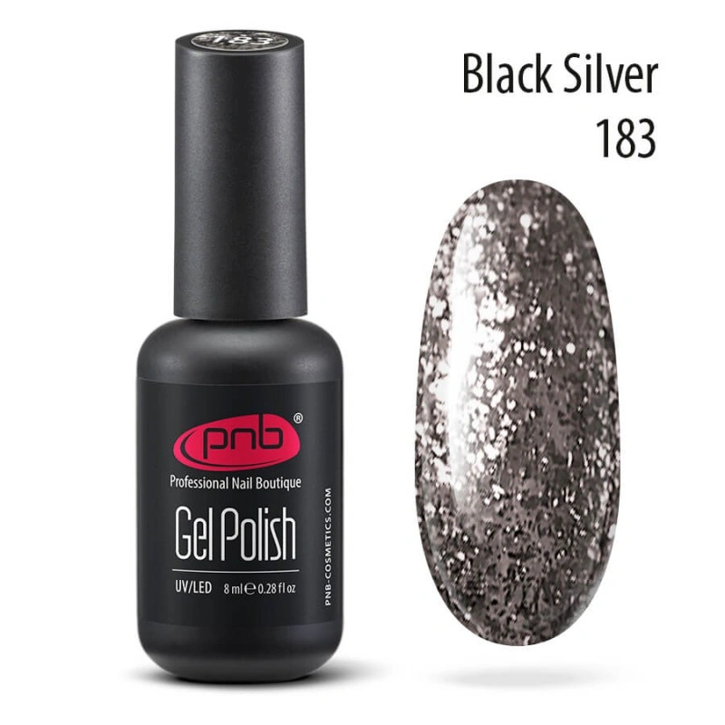 Гель-лак PNB №183 Black Silver чорне срібло, з блискітками 8 мл
