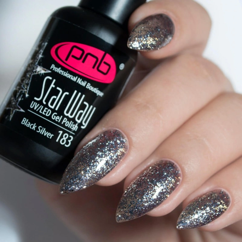 Гель-лак PNB №183 Black Silver чорне срібло, з блискітками 8 мл