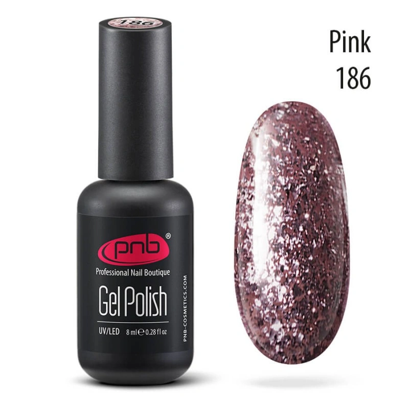 Гель-лак PNB №186 Pink рожевий, з блискітками 8 мл