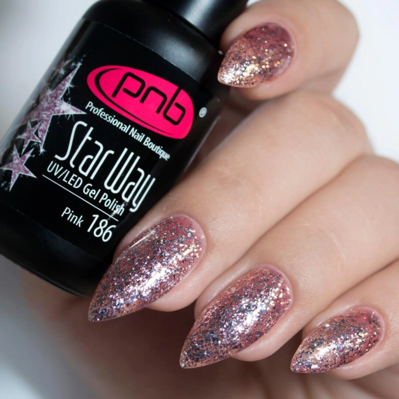 Гель-лак PNB №186 Pink рожевий, з блискітками 8 мл