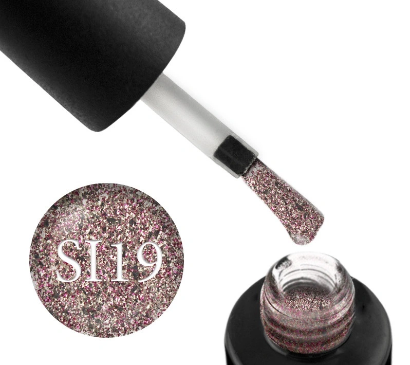 Гель-лак Naomi Gel Polish Self Illuminated Collection SI 19 рожеві та біло-золотисті блискітки та слюда 6 мл