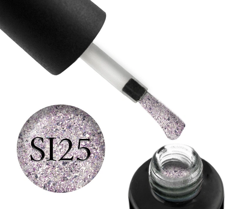 Гель-лак Naomi Gel Polish Self Illuminated Collection SI 25 лилове срібло з блискітками, слюдою та сріблястими конфетті 6 мл