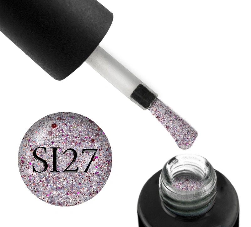Гель-лак Naomi Gel Polish Self Illuminated Collection SI 27 рожеве срібло з блискітками, слюдою та червоними конфетті 6 мл