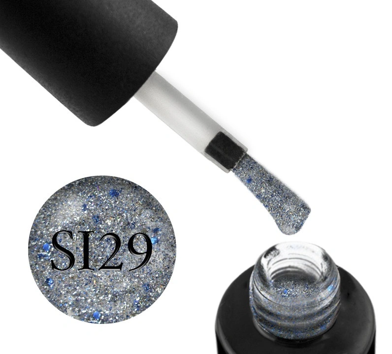 Гель-лак Naomi Gel Polish Self Illuminated Collection SI 29 срібло з блискітками, слюдою та синіми конфетті 6 мл
