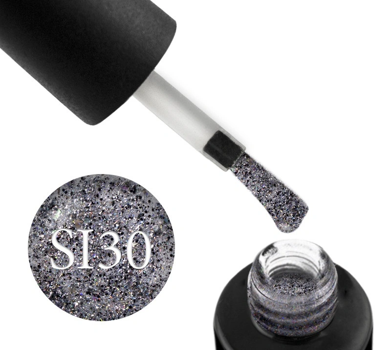 Гель-лак Naomi Gel Polish Self Illuminated Collection SI 30 срібло з блискітками, слюдою та жовто-салатовими конфетті 6 мл