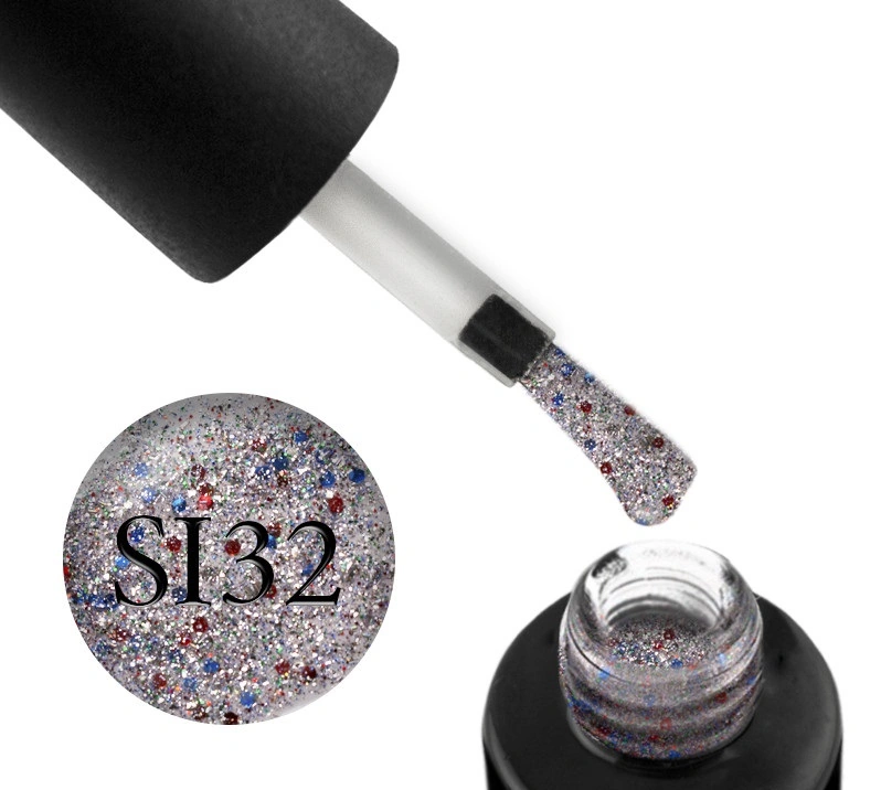 Гель-лак Naomi Gel Polish Self Illuminated Collection SI 32 срібло з блискітками, слюдою та червоно-синіми конфетті 6 мл