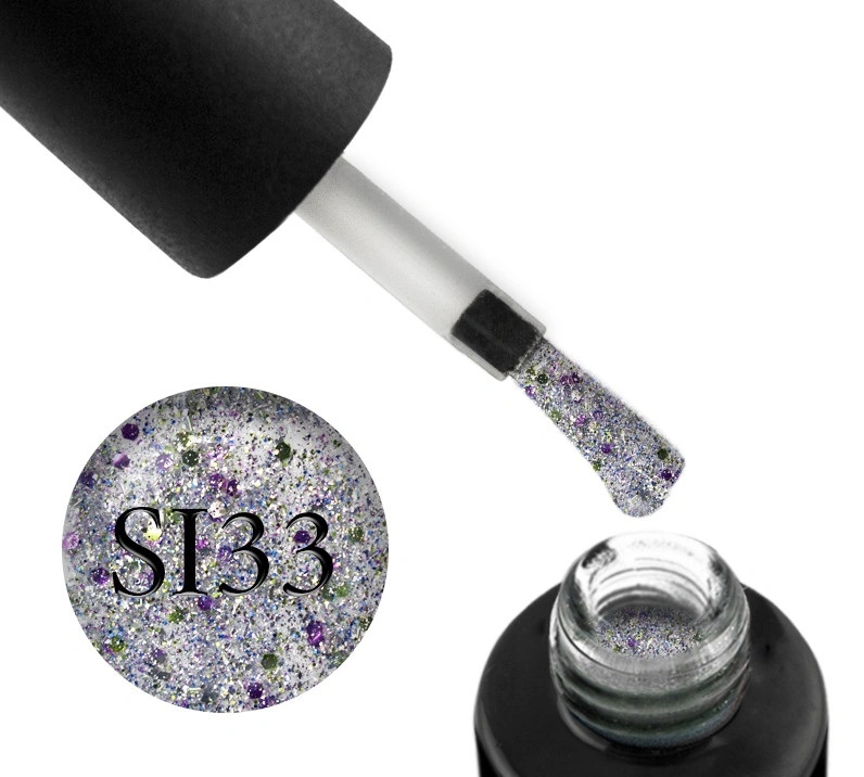 Гель-лак Naomi Gel Polish Self Illuminated Collection SI 33 срібло з блискітками, слюдою та салатово-рожевими конфетті 6 мл