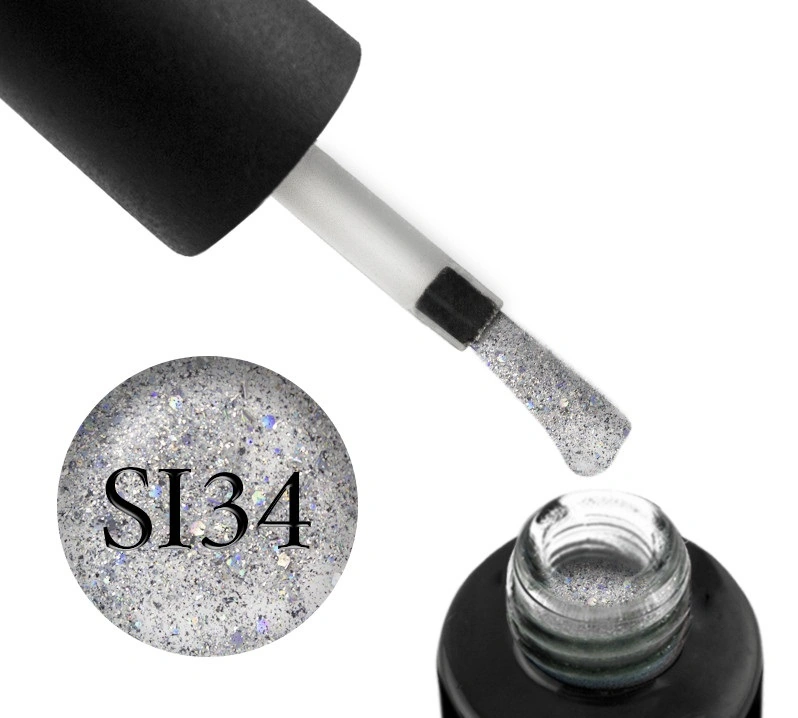 Гель-лак Naomi Gel Polish Self Illuminated Collection SI 34 срібло, з блискітками, слюдою, фольгою-стружкою та конфетті 6 мл