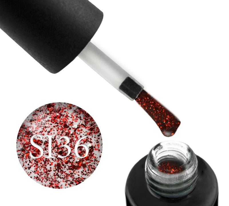 Гель-лак Naomi Gel Polish Self Illuminated Collection SI 36 червоні блискітки та конфетті на прозорій основі 6 мл