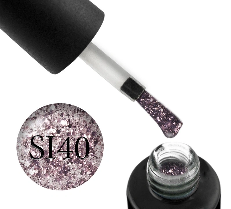 Гель-лак Naomi Gel Polish Self Illuminated Collection SI 40 пастельно-рожеві блискітки та конфетті на прозорій основі 6 мл
