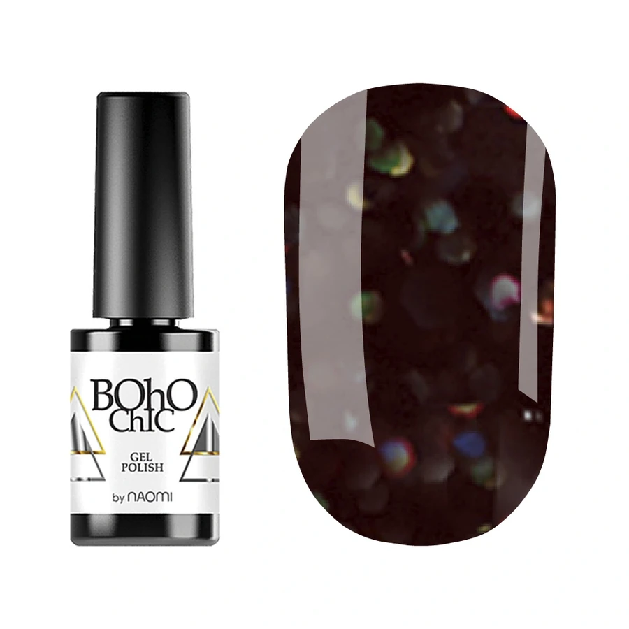 Гель-лак Boho Chic Gel Polish BC132 коричнево-чорний із кольоровими блискітками 6 мл