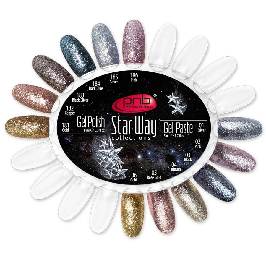 Палітра Star Way гель лаки №181-186 та гель пасти PNB Color Palette Star Way Gel Polish & Gel Paste 1-6 колір