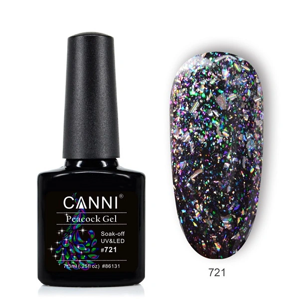 Гель-лак Canni Gel Polish Peacock Tail №721 чорний, ефект слюди 7,3 мл