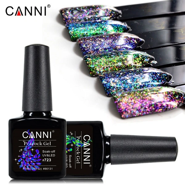 Гель-лак Canni Gel Polish Peacock Tail №724 золотисто-зелений, ефект слюди 7,3 мл