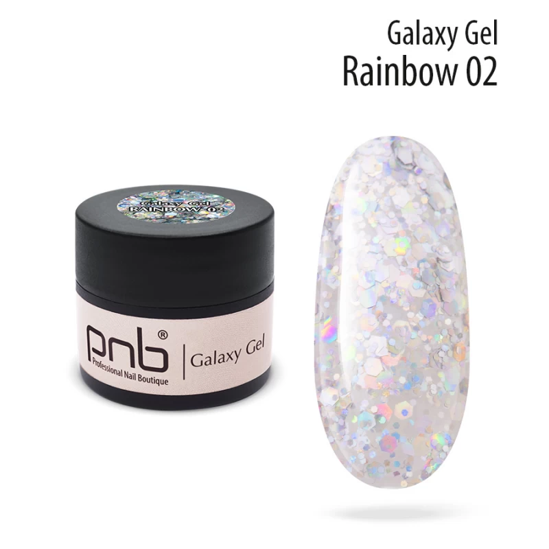 Гель для дизайну PNB UV/LED Galaxy Gel 02 Rainbow сріблясті блискітки з райдужними переливами 5 мл