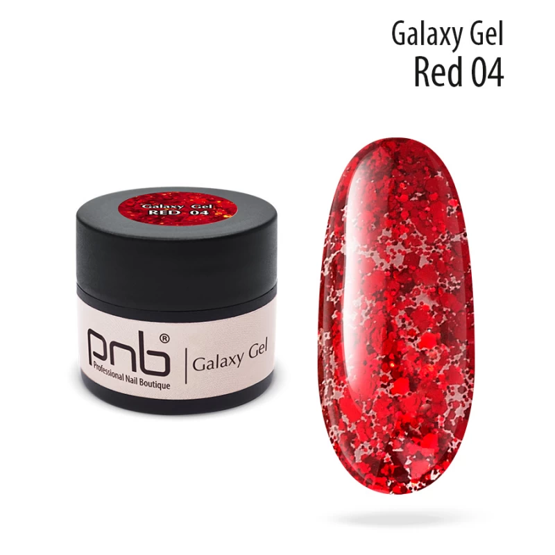 Гель для дизайну PNB UV/LED Galaxy Gel 04 Red червоні шестикутні та круглі блискітки 5 мл