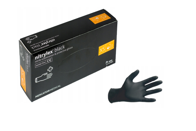 Неопудрені нітрилові рукавички XS Mercator Medical Nitrylex PF Black Gloves XS (5-6) чорні 100 шт