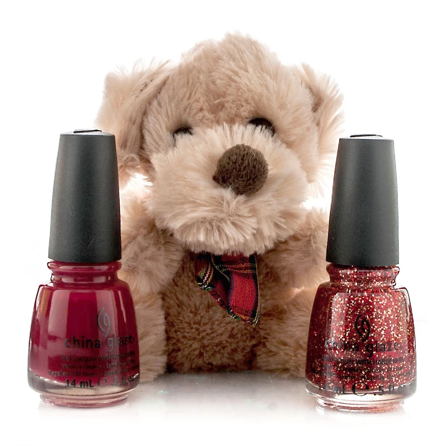 Набір лаків China Glaze Santa Paws Red Satin 14 мл + Pure Joy 14 мл + м`яка іграшка