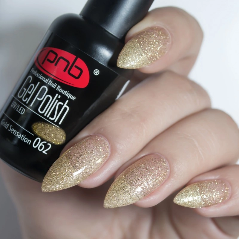 Гель-лак PNB Mini №062 Gold Sensation щільні золоті блискітки 4 мл