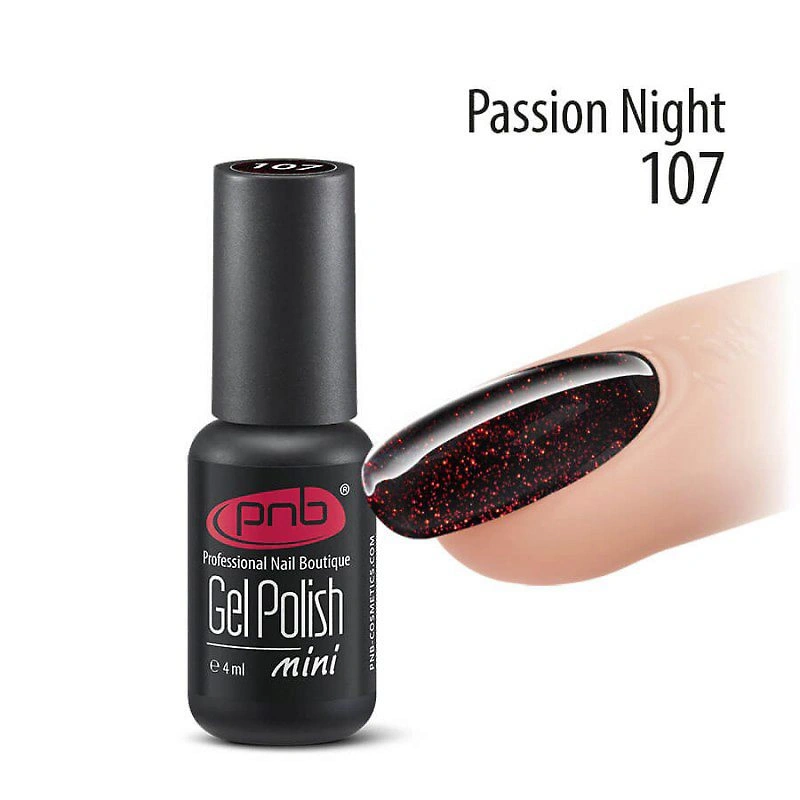 Гель-лак PNB Mini №107 Passion Night темний гранатово-бордовий з глітером 4 мл