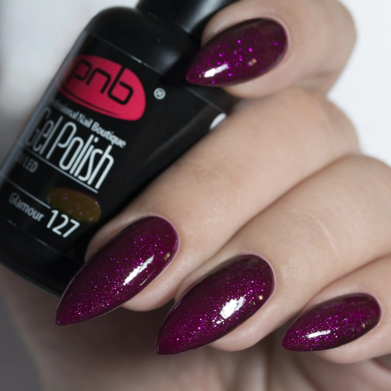 Гель-лак PNB Mini №127 Glamour баклажановий з глітером 4 мл