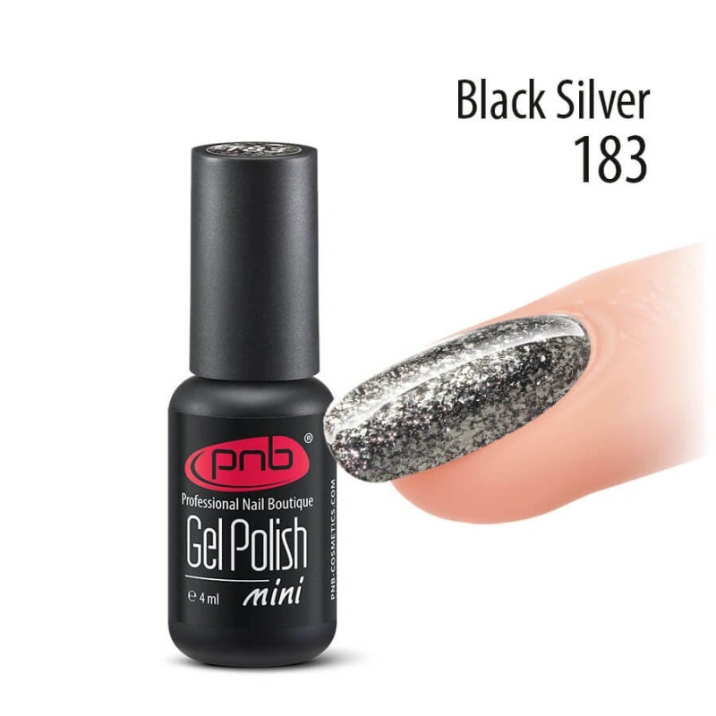 Гель-лак PNB Mini №183 Black Silver чорне срібло з глітером 4 мл